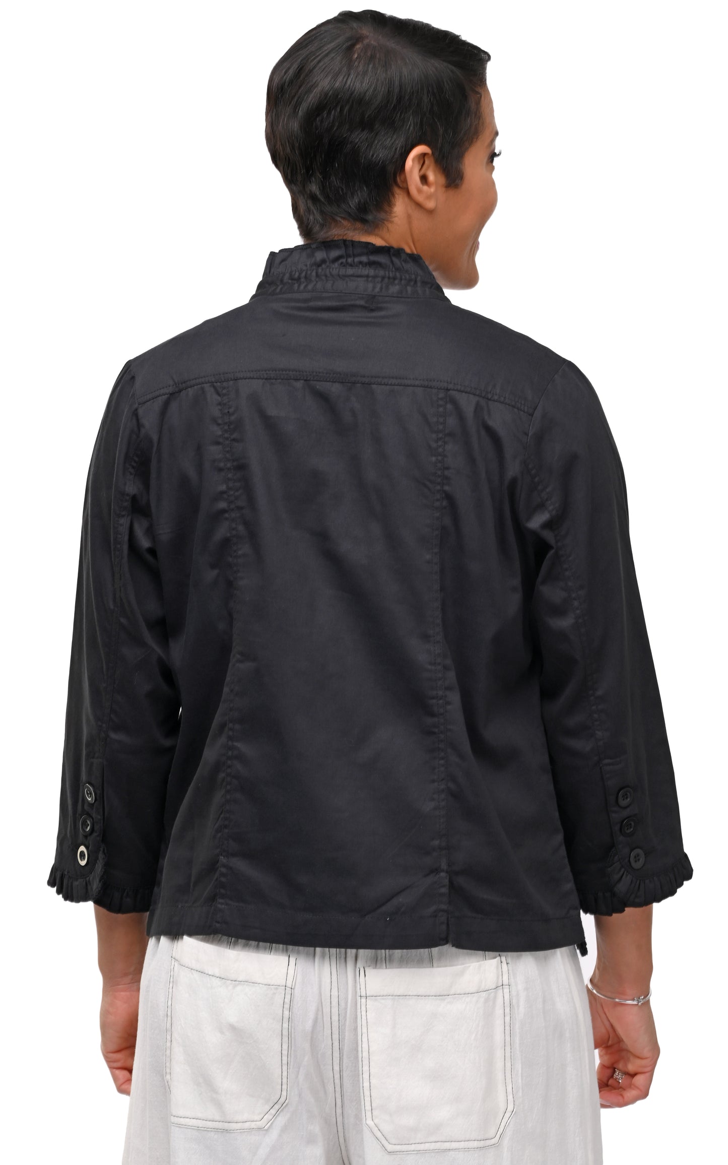 T506 Sterling Ruffle Jacket in Black Cotton