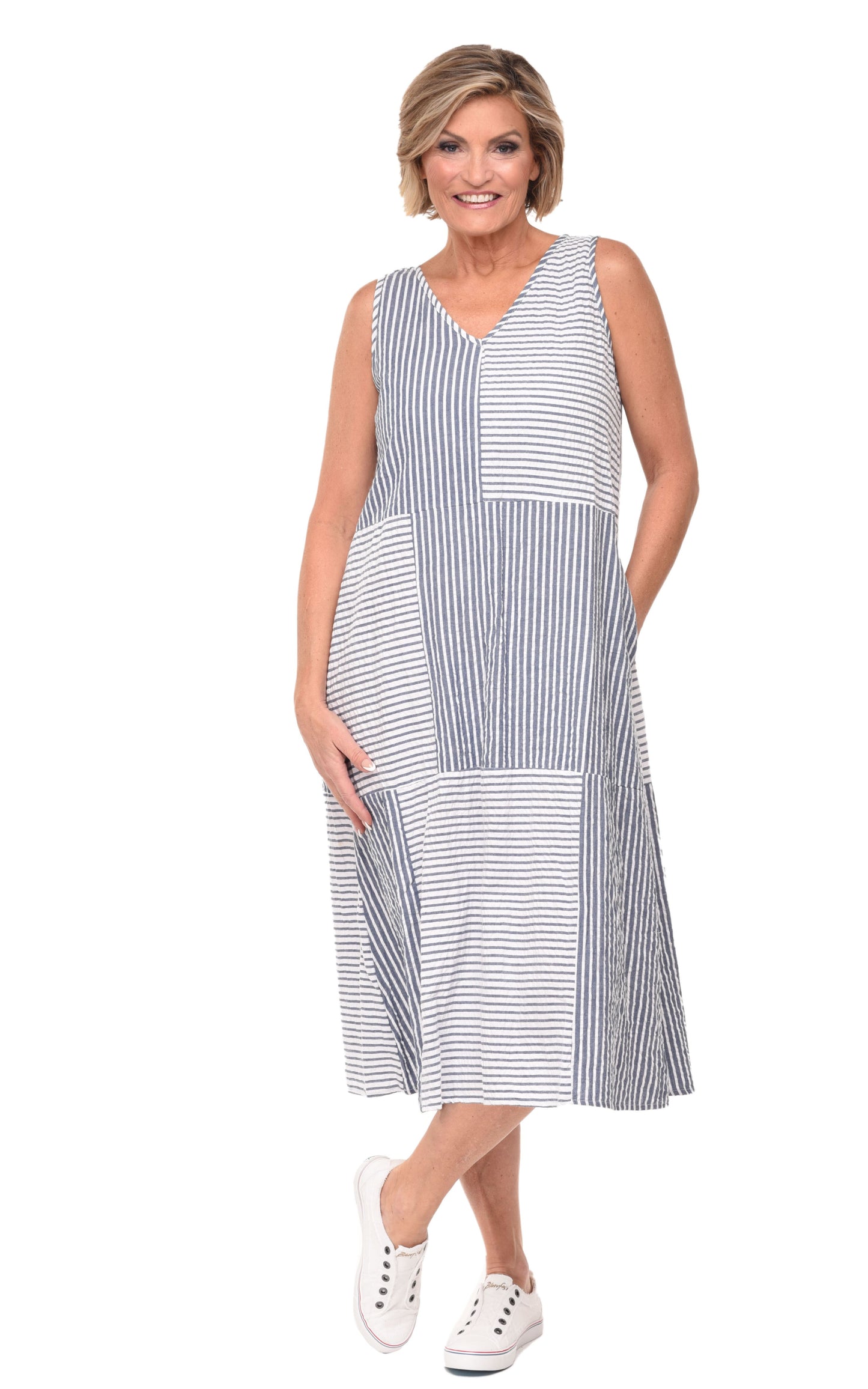 FINAL SALE CV1100 Bridgit Dress in Marina White Seersucker Stripe