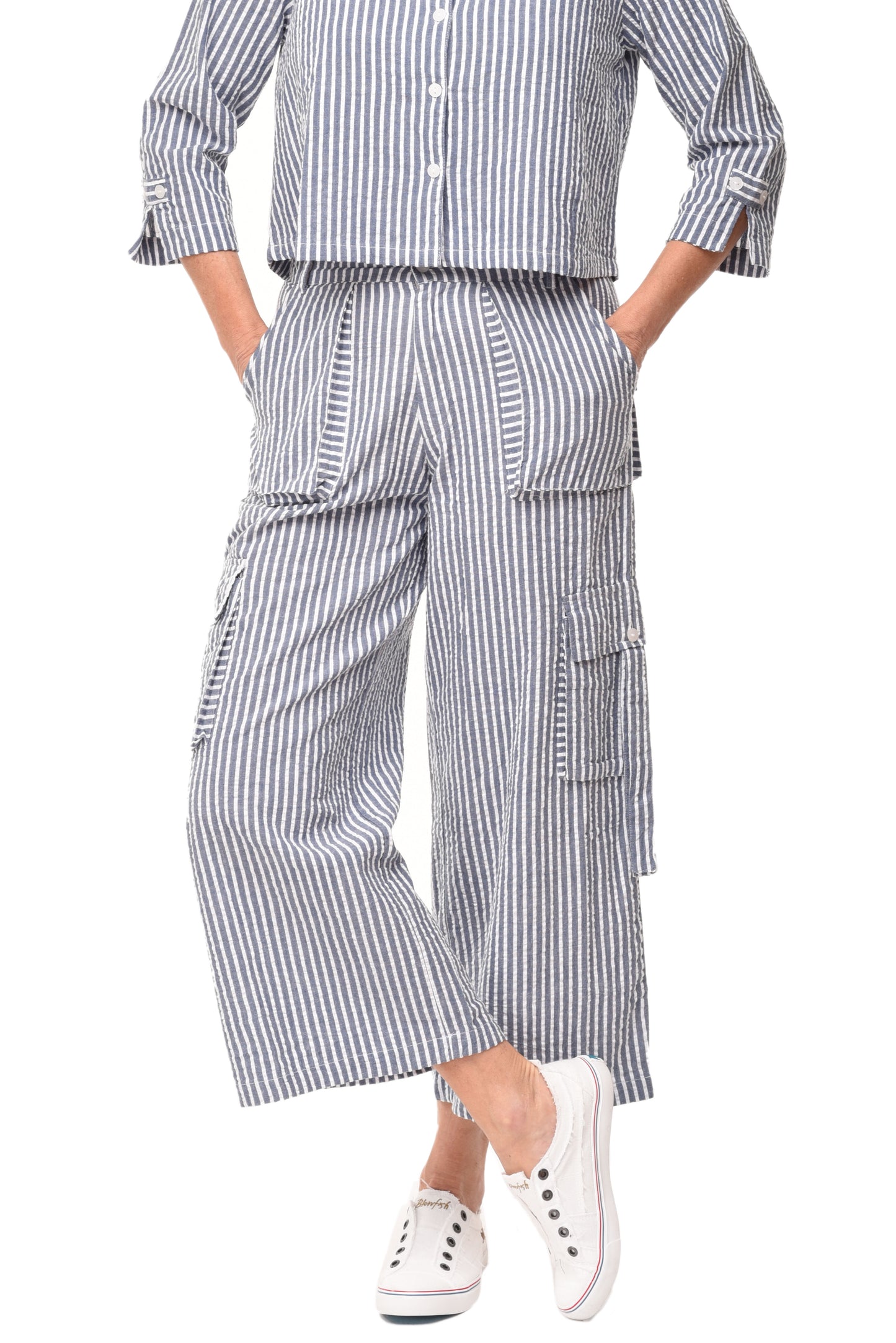 FINAL SALE CV1086 Calista Cargo Pant in Marina White Seersucker Stripe*