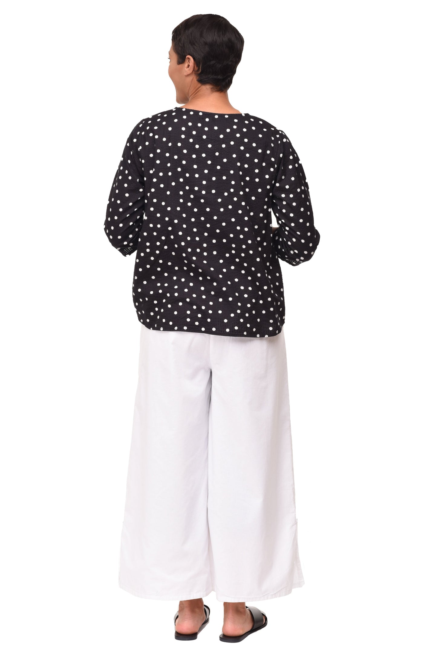 FINAL SALE CV365 Olga Top in Black White Seersucker Dot*