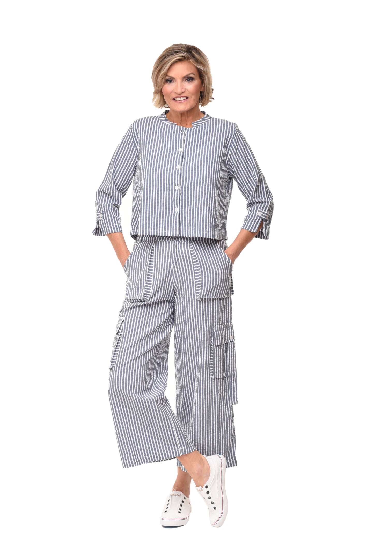 FINAL SALE CV1086 Calista Cargo Pant in Marina White Seersucker Stripe*