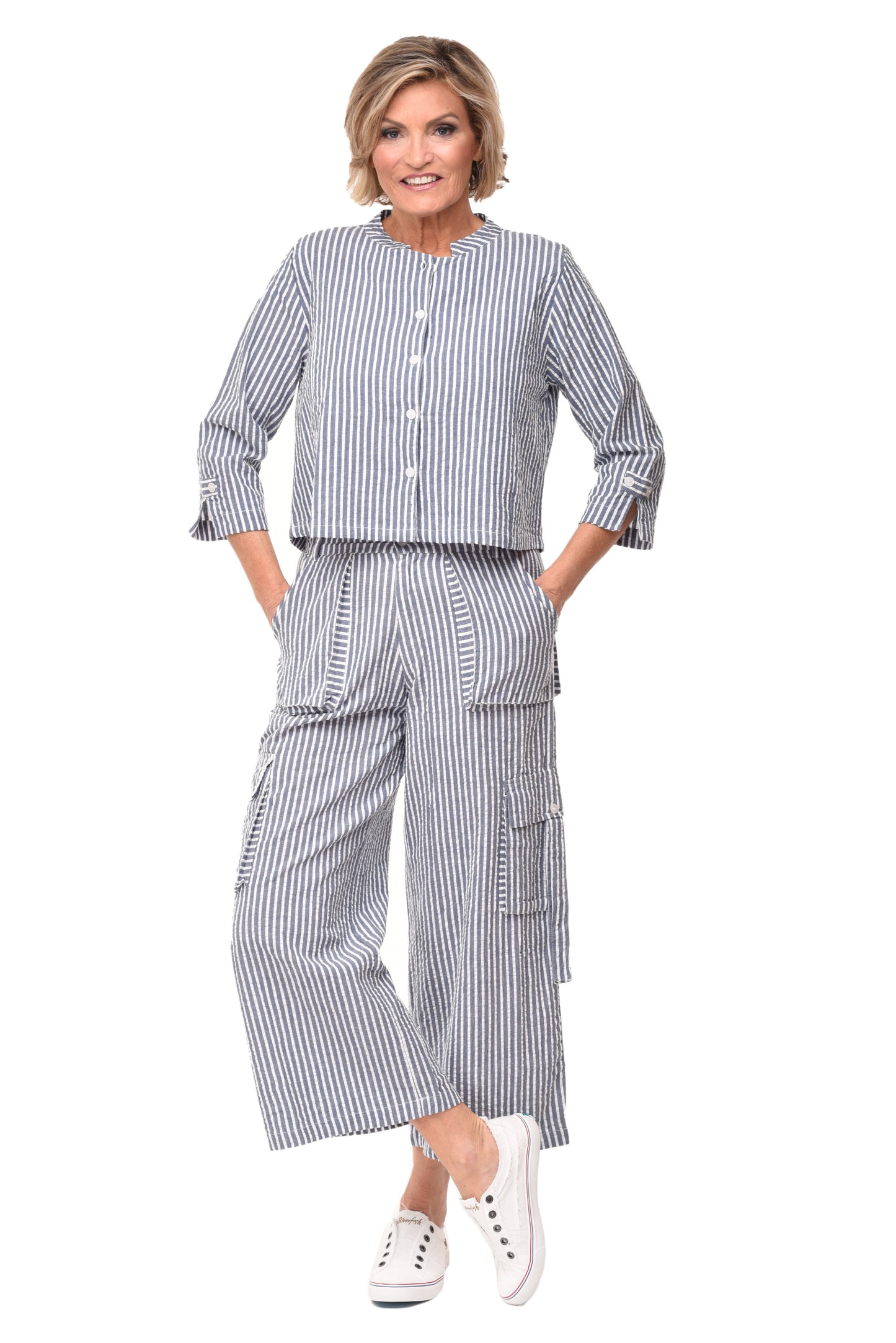 FINAL SALE CV13 Dakota Jacket Top in Marina White Seersucker Stripe*