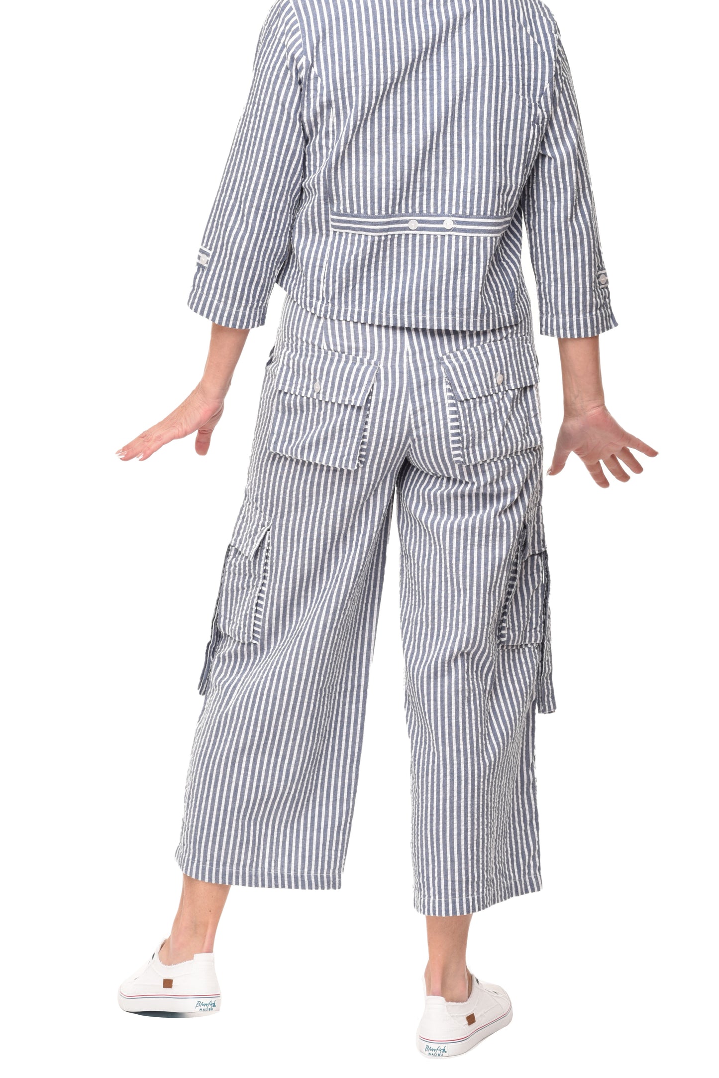FINAL SALE CV1086 Calista Cargo Pant in Marina White Seersucker Stripe*