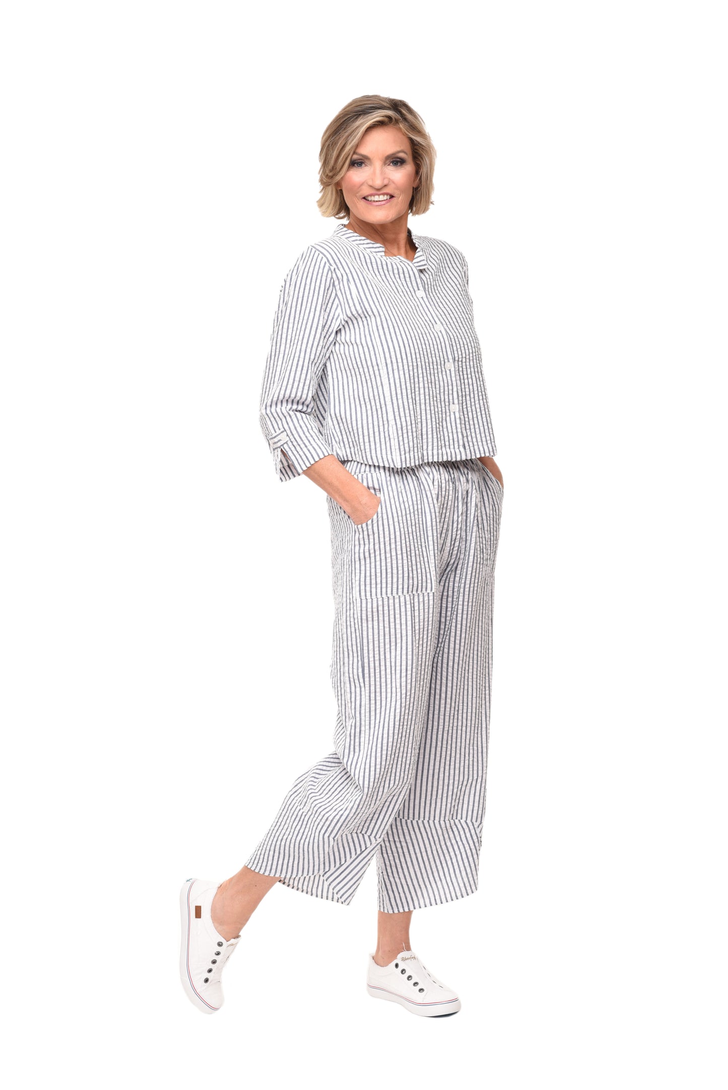 FINAL SALE CV323 Ariana Pant in White Marina Seersucker Stripe*