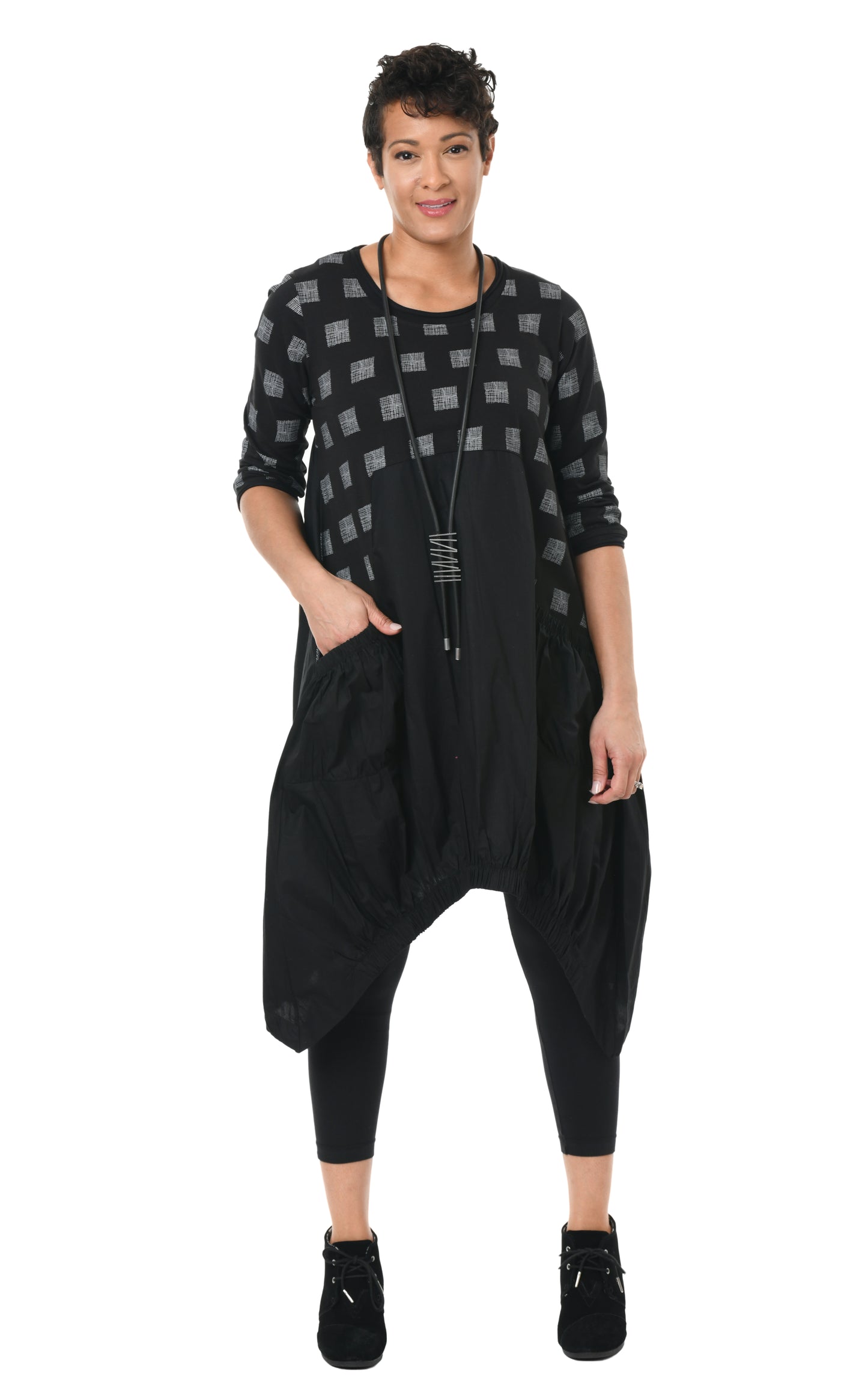 FINAL SALE SDM641 Adele Dress in Black Gray Mini Chex*