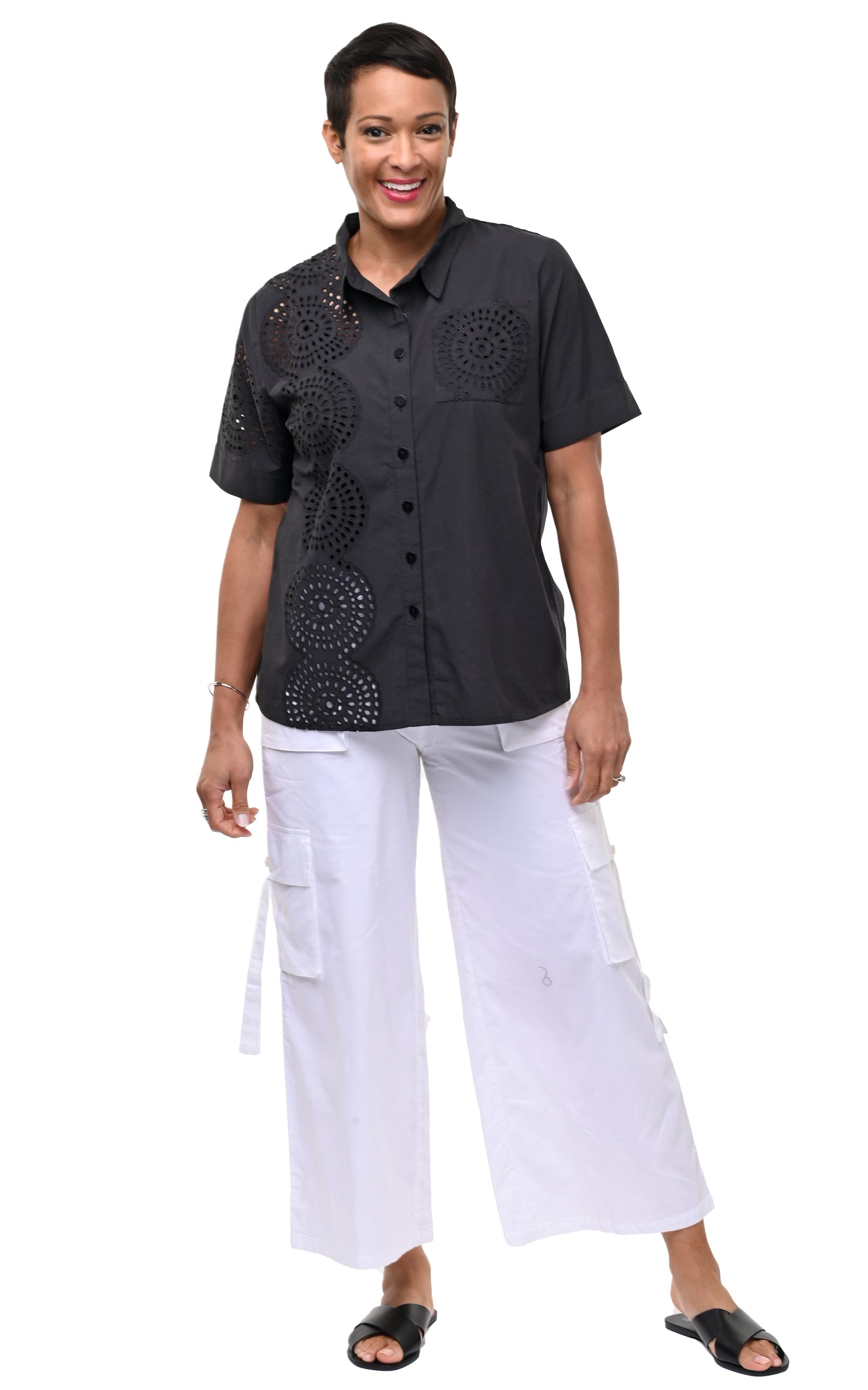 CV1263 Eva Button Down in Black Eyelet*