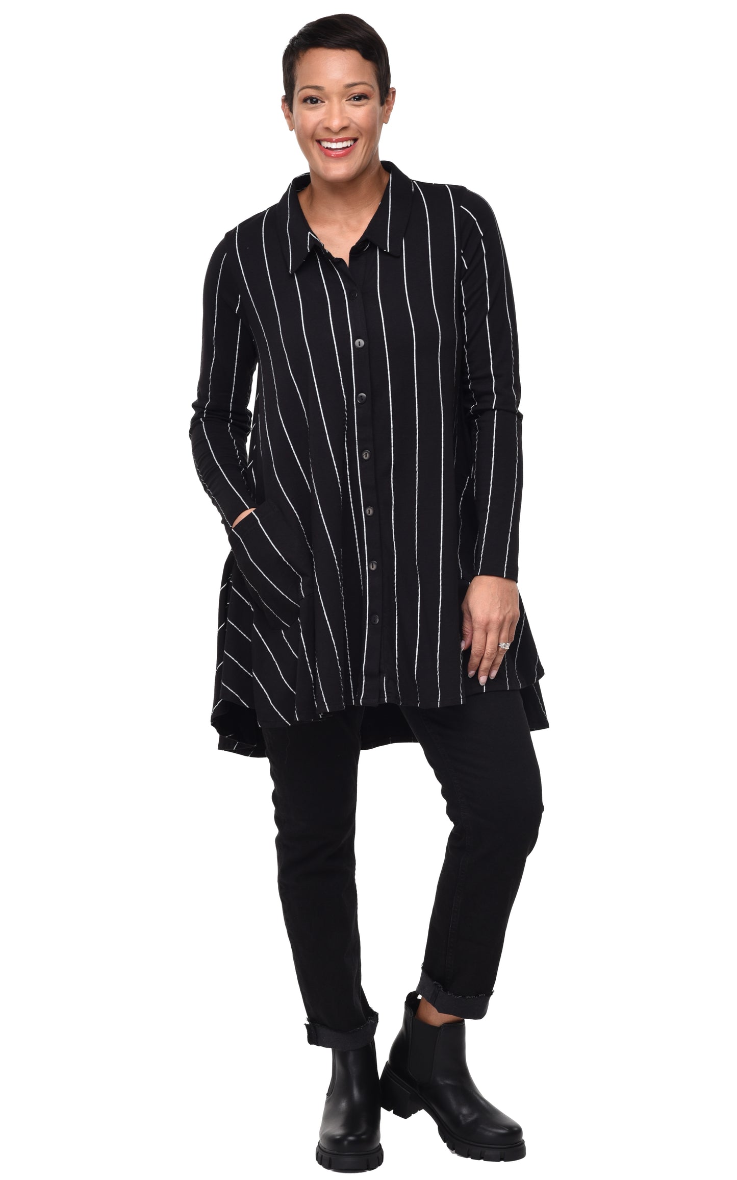 FINAL SALE SDM580Lauryn Button Down in Black Metro Stripe*