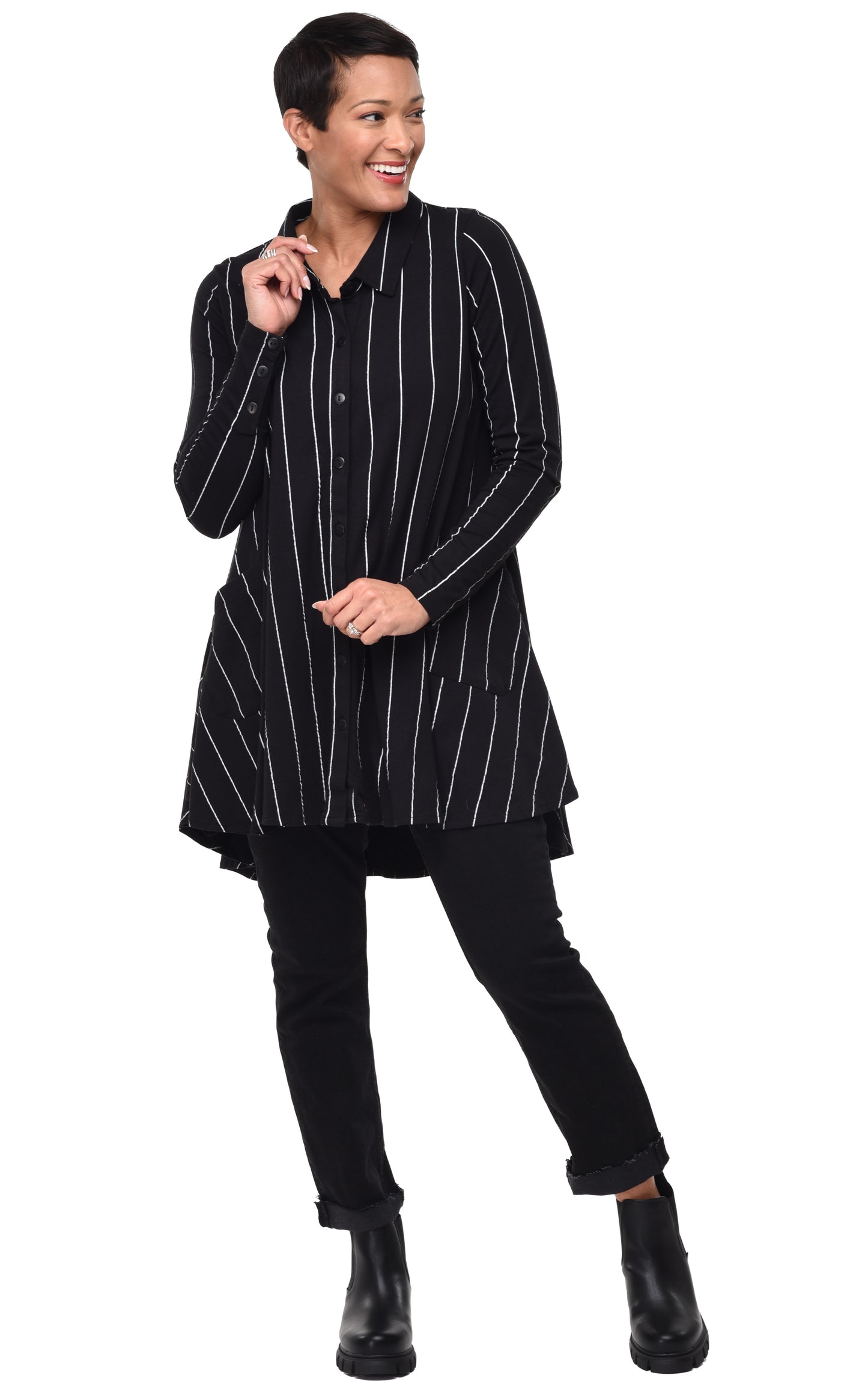FINAL SALE SDM580Lauryn Button Down in Black Metro Stripe*