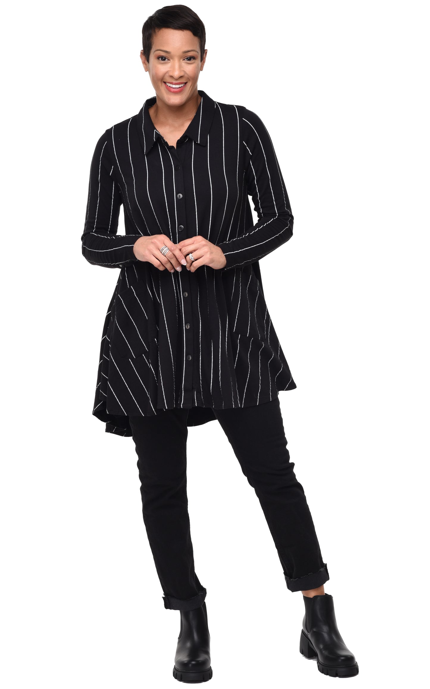 FINAL SALE SDM580Lauryn Button Down in Black Metro Stripe*