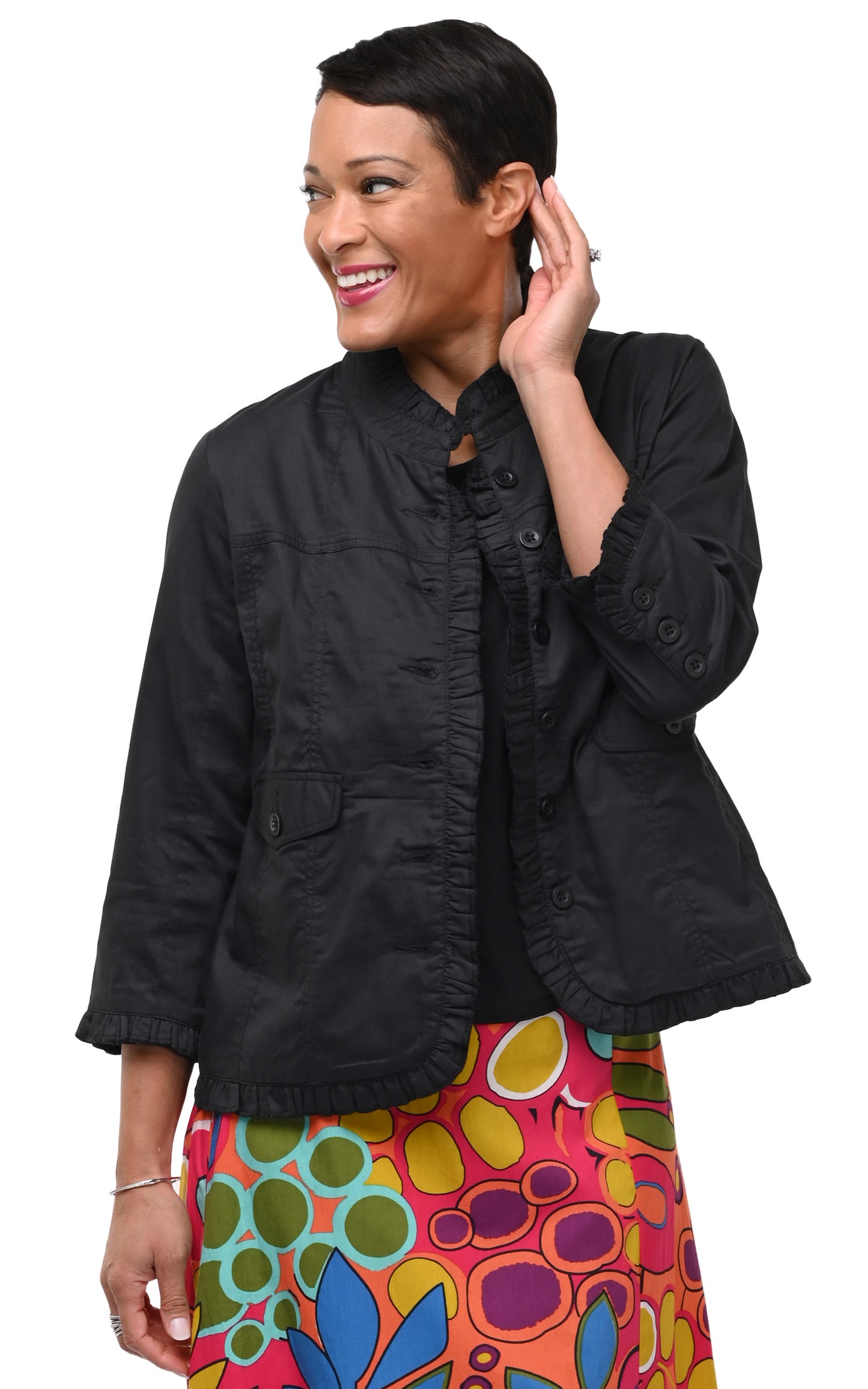 T506 Sterling Ruffle Jacket in Black Cotton