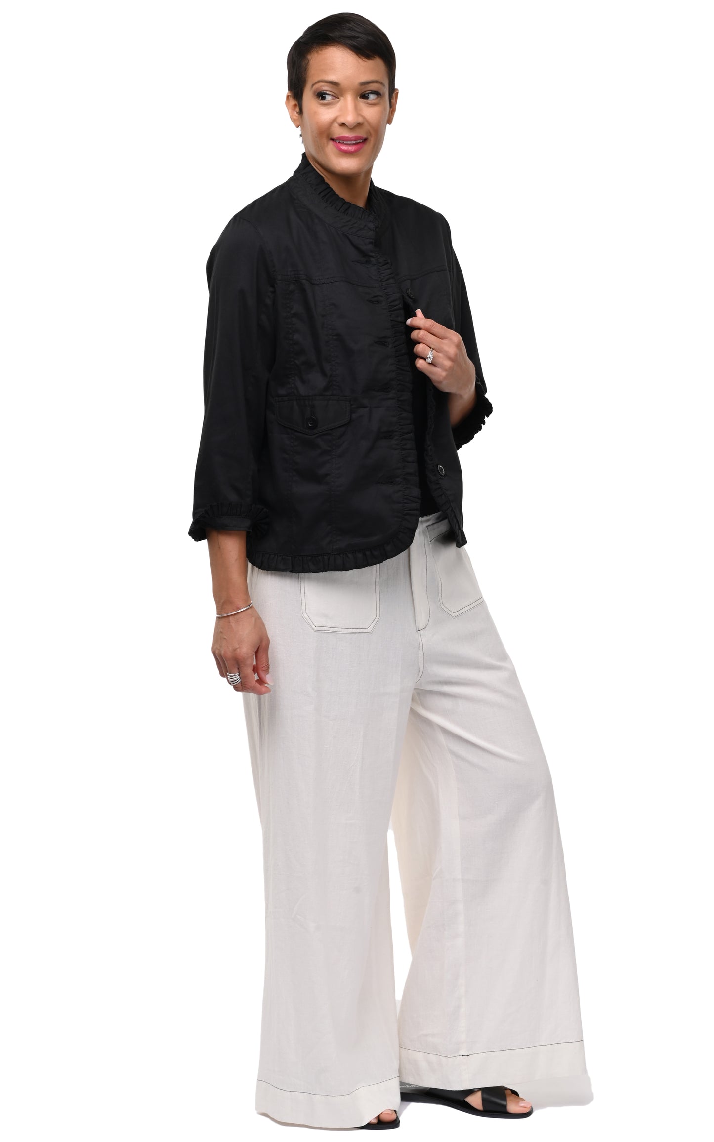 T506 Sterling Ruffle Jacket in Black Cotton
