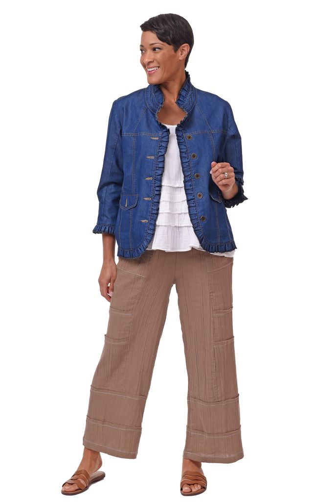 Ruffle Button Jacket FINAL SALE D506 Sterling Ruffle Jacket in Denim* β TulipClothing.com
